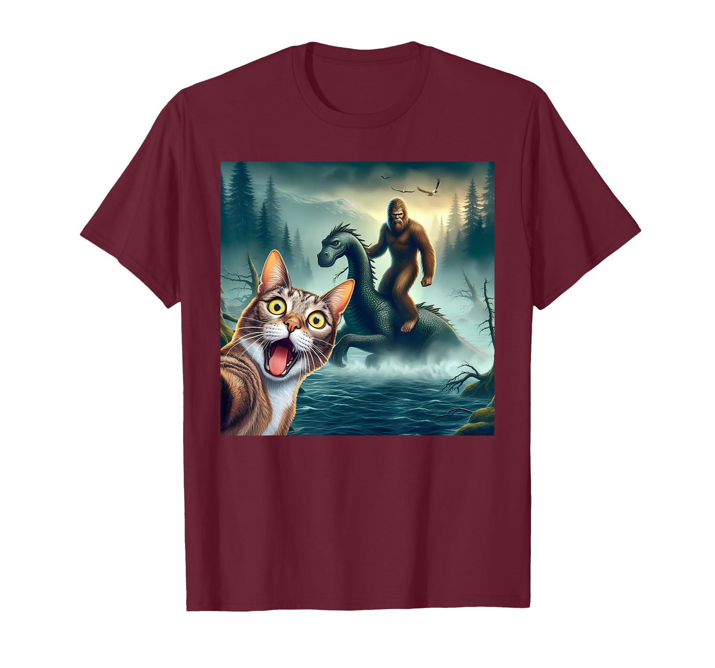 Cat Selfie bigfoot riding loch Ness monster surprised cat T-Shirt for Men Women Kids