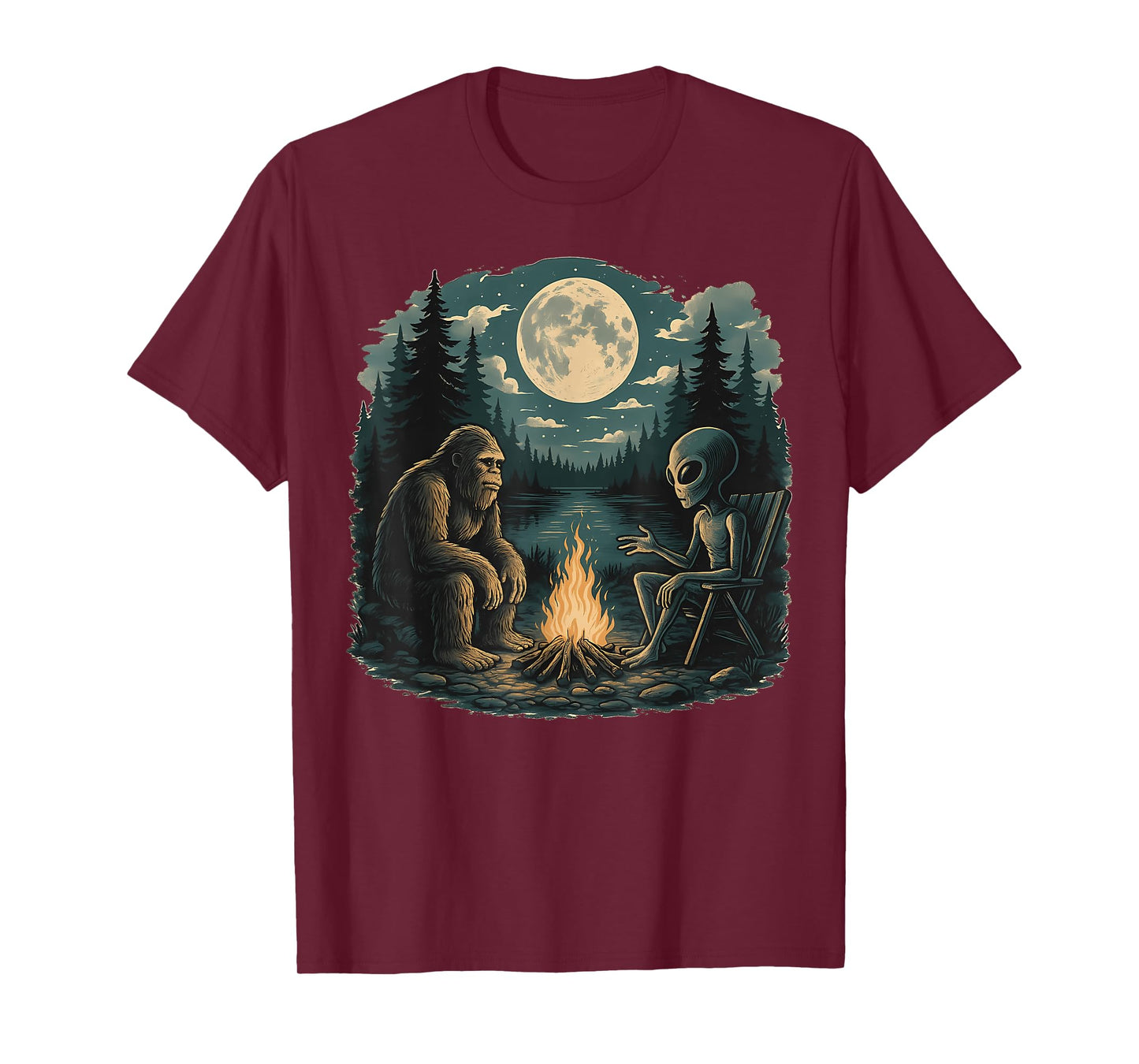 Funny Bigfoot Sasquatch Alien Campfire Forest Camping Talk T-Shirt