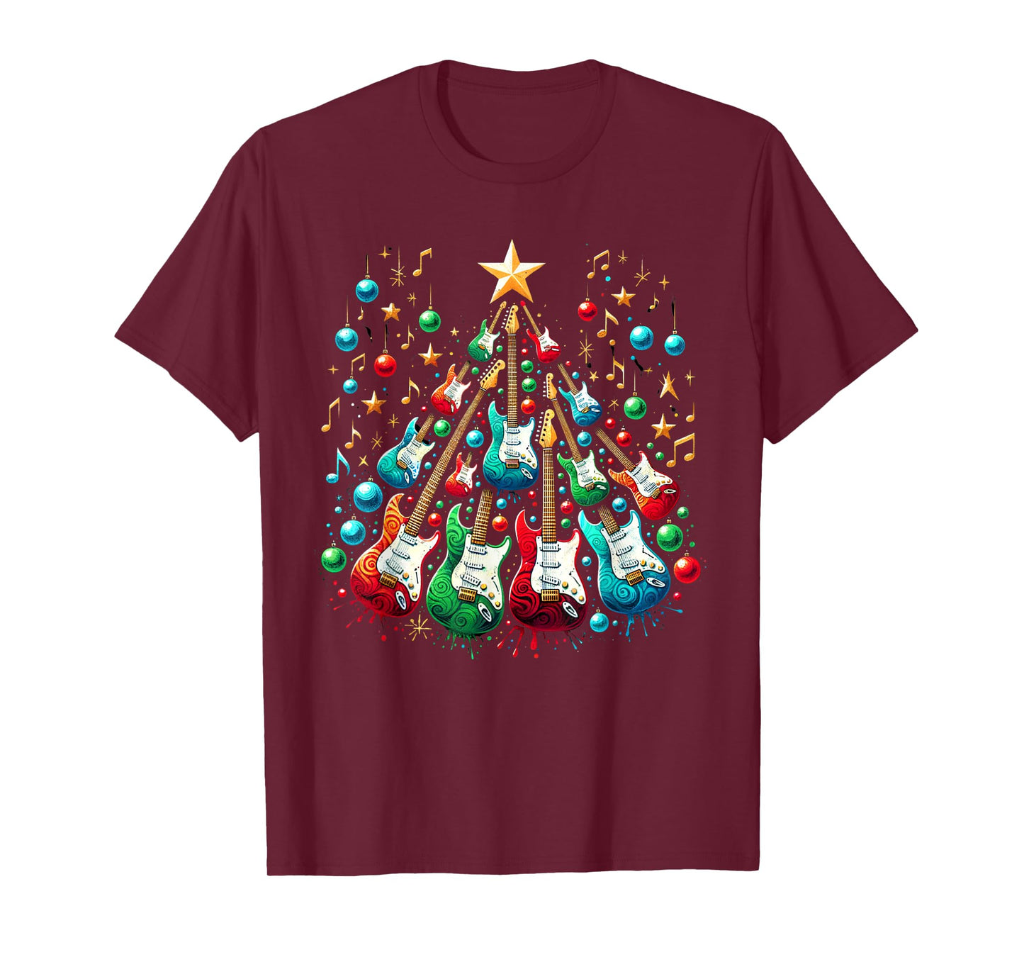 Funny Guitar Santa Hat Christmas Tree Guitar Music Lovers T-Shirt