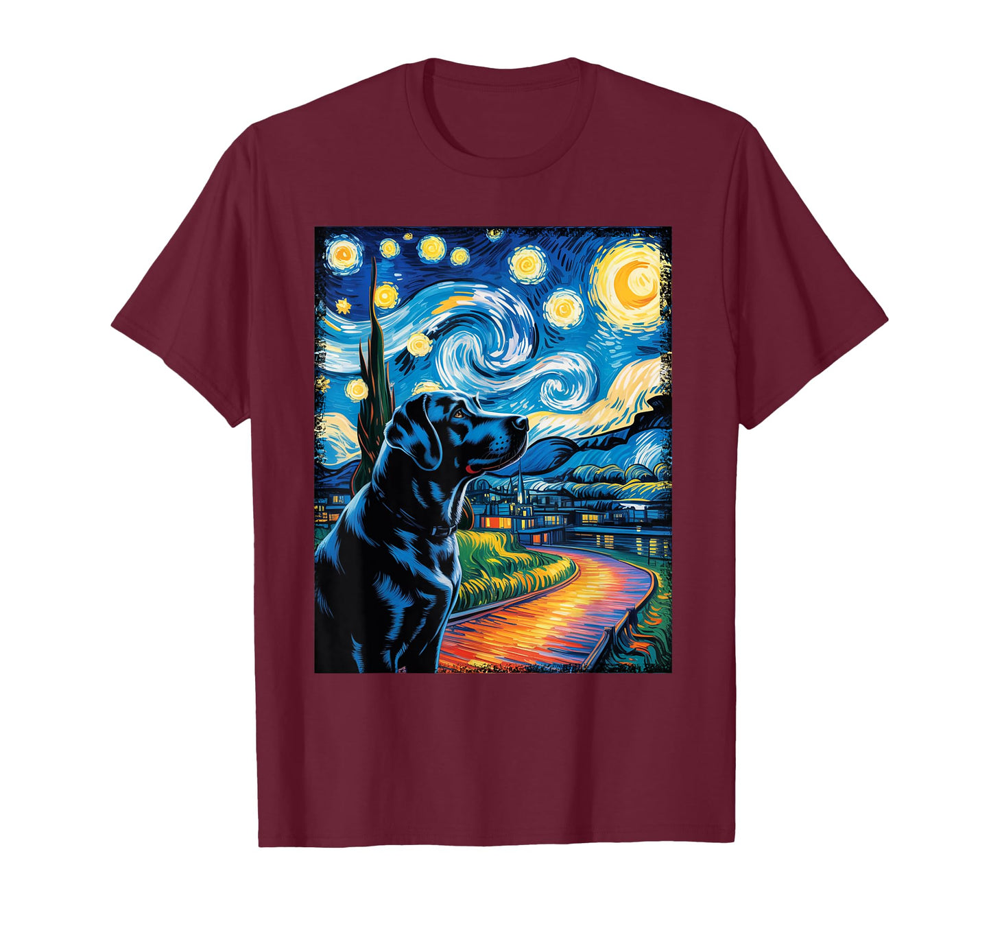 Labrador Dog Art Starry Night Painting Van Gogh Black Lab T-Shirt