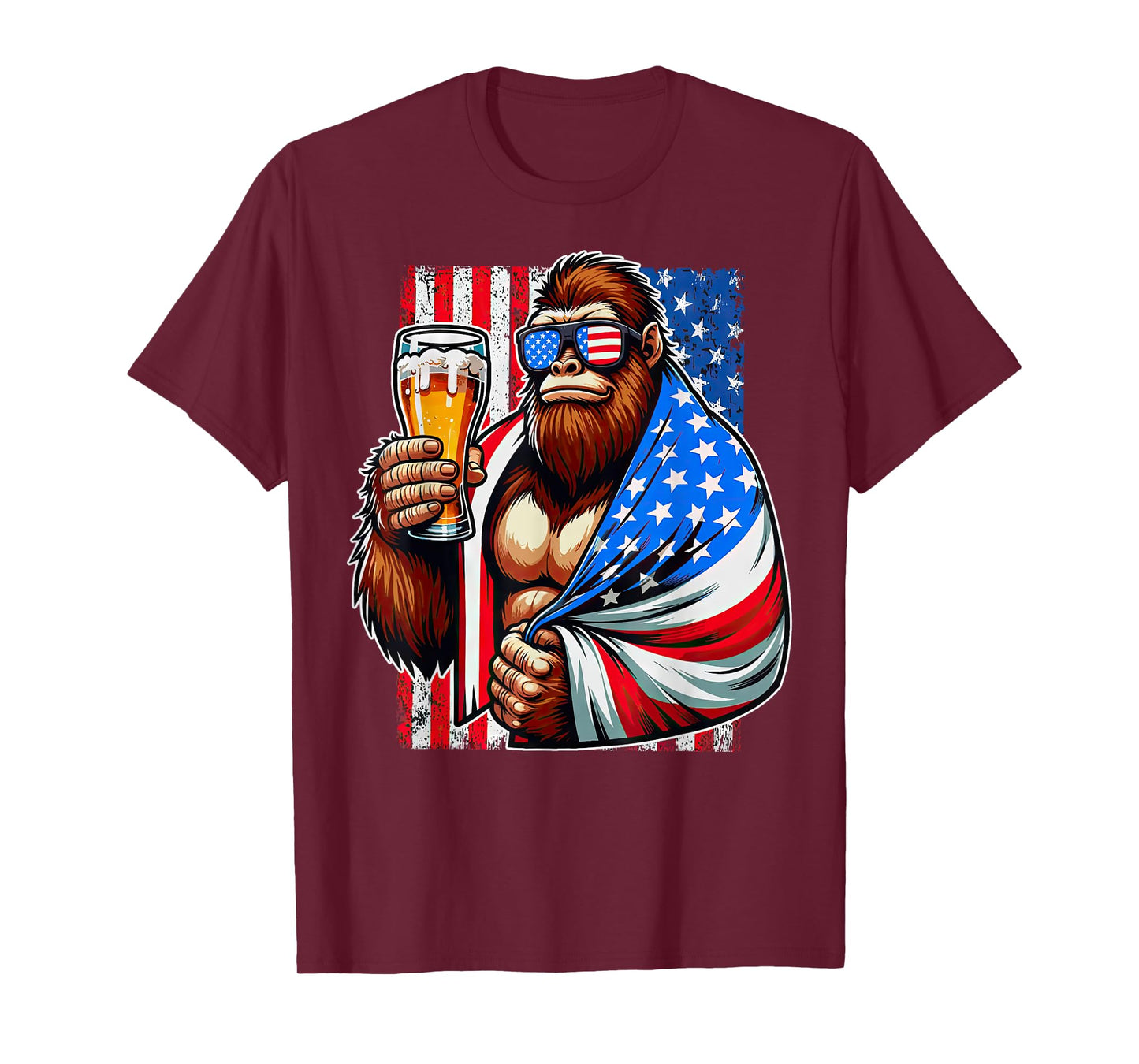 Bigfoot American Flag Drinking Beer 4th Of July Patriotic T-Shirt for Women Men