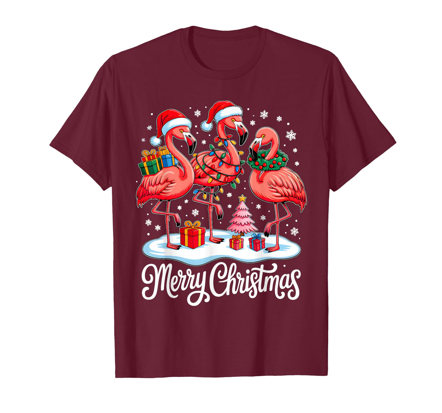 Merry Christmas Hat Santa Flamingo Light Xmas Women Girls T-Shirt