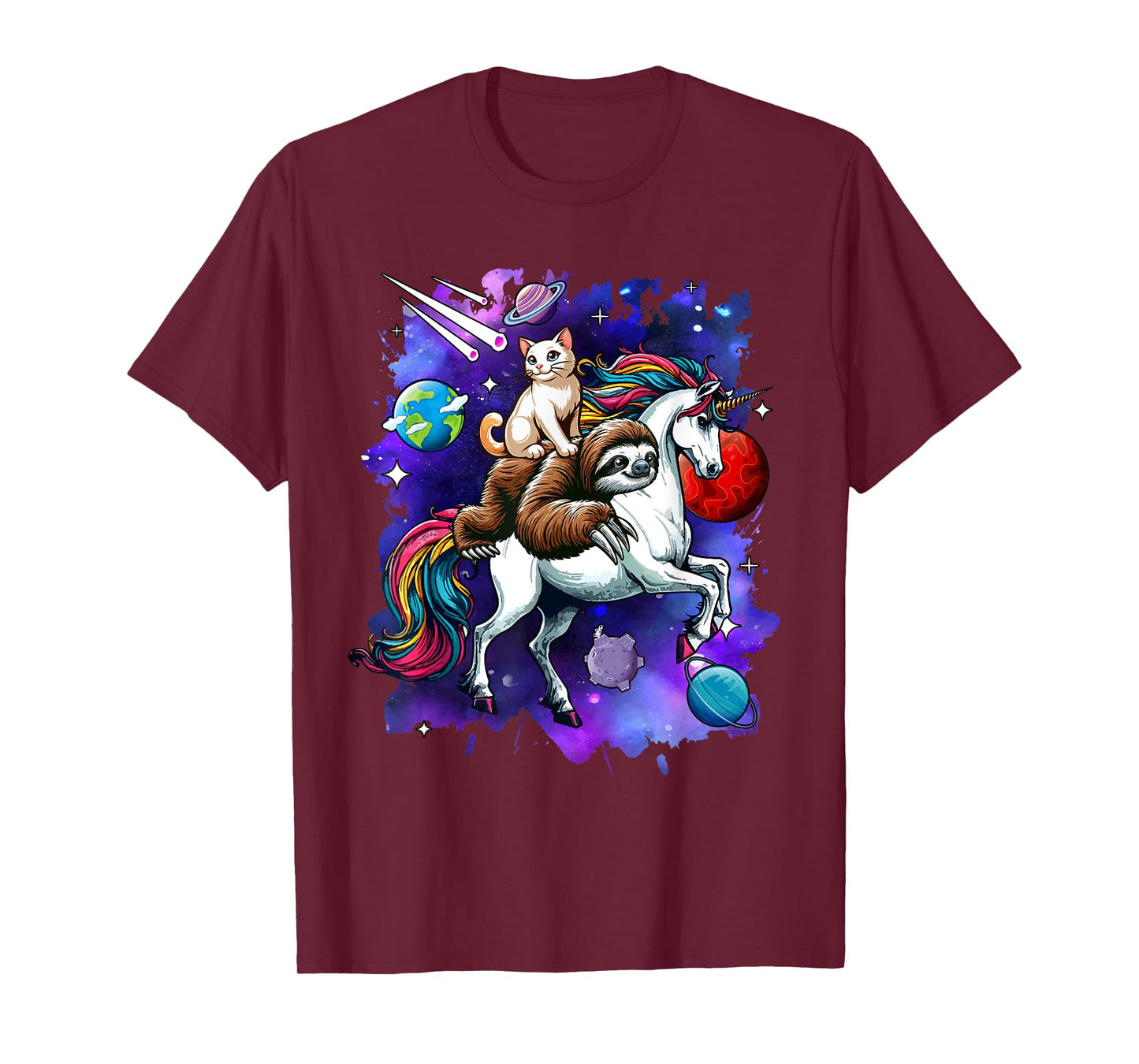 Cat And Sloth Riding Unicorn In Space Costume Galaxy T-Shirt for Men Women Kids