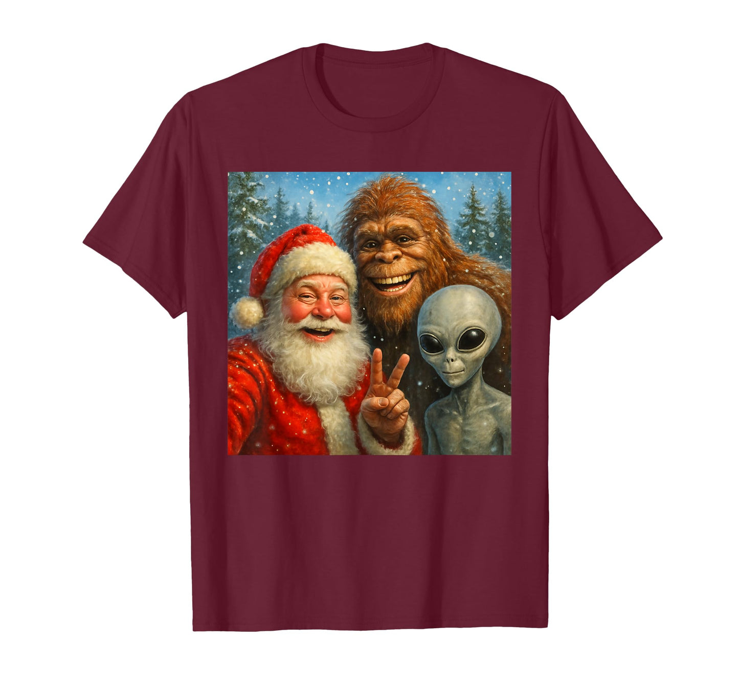 Funny Cat Selfie with Santa Claus & Bigfoot Meme T-Shirt