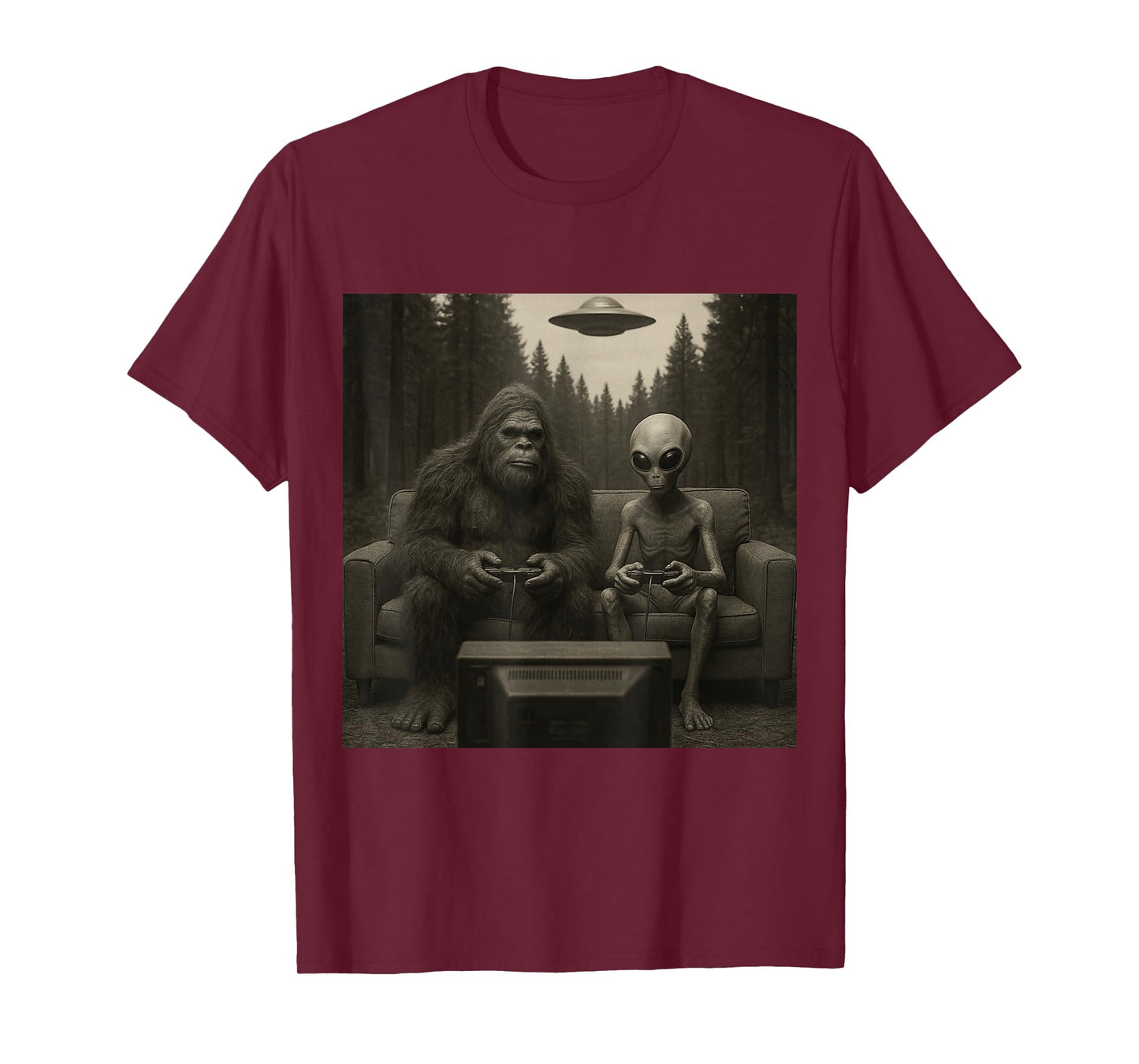 Funny Bigfoot and Alien Playing Video Games. UFO and Bigfoot T-Shirt