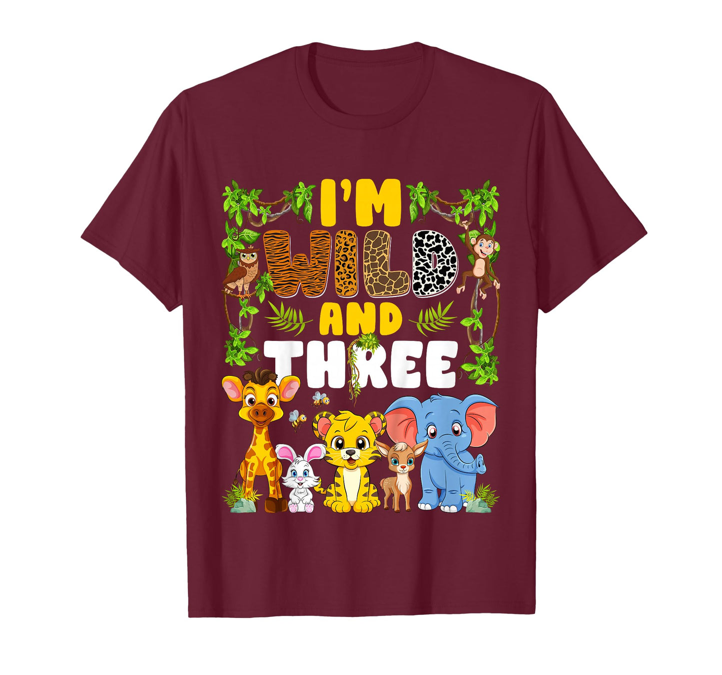 Kids I'm Wild And Three Jungle Safari Animal 3rd Birthday Kids T-Shirt
