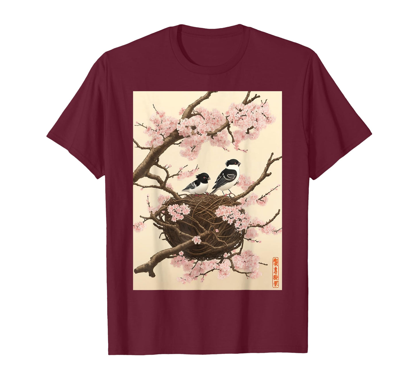 Retro Graphic Japanese Art Birds on Cherry Blossom Woodblock T-Shirt