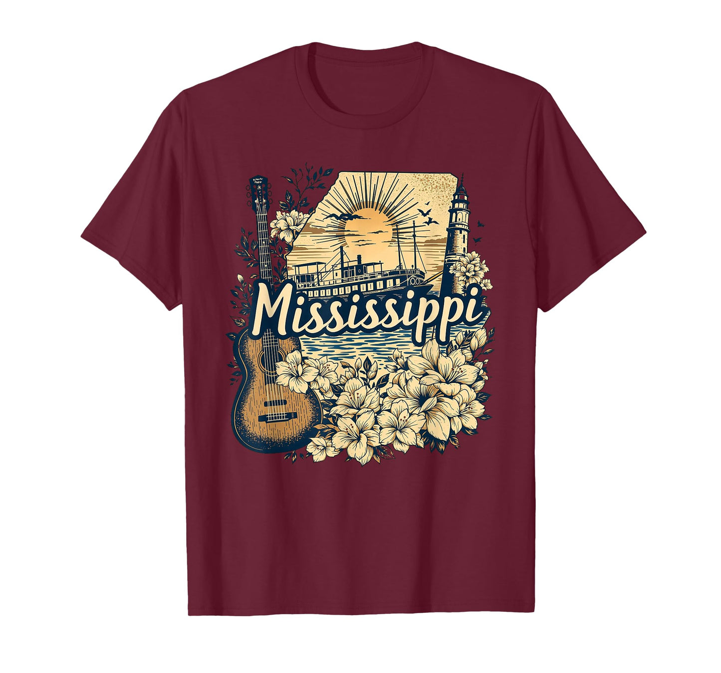 Retro Mississippi Home State MS Guitar and Flowers T-Shirt