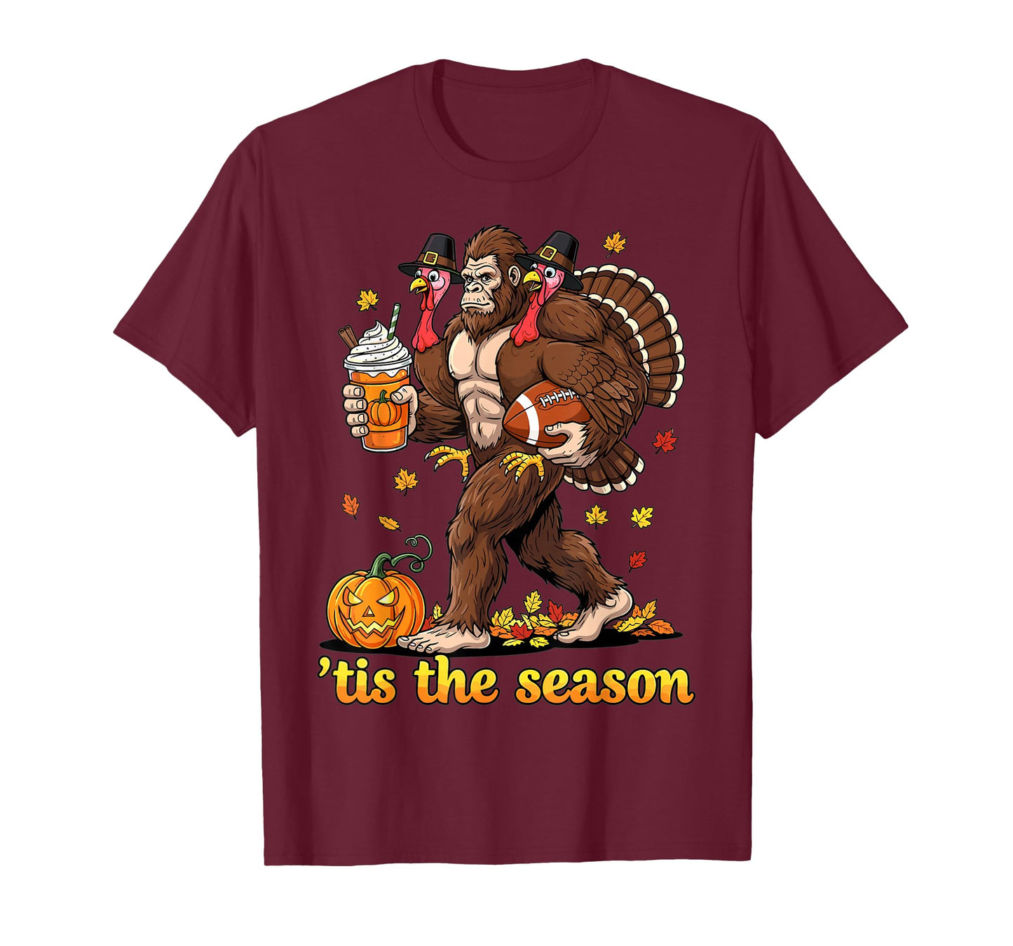 Thanksgiving Bigfoot Turkey Pumpkin Spice Football T-Shirt