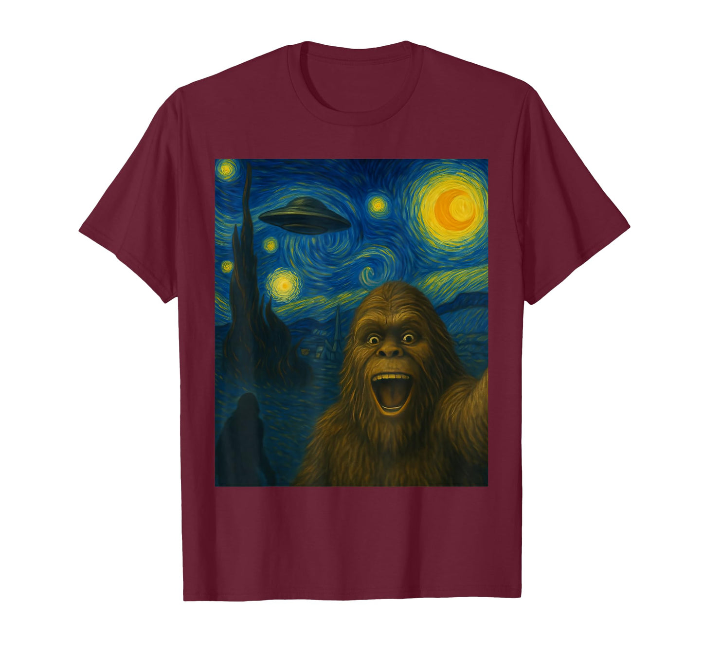 Sasquatch Selfie Big Foot On UFO Alien Starry Night Funny T-Shirt