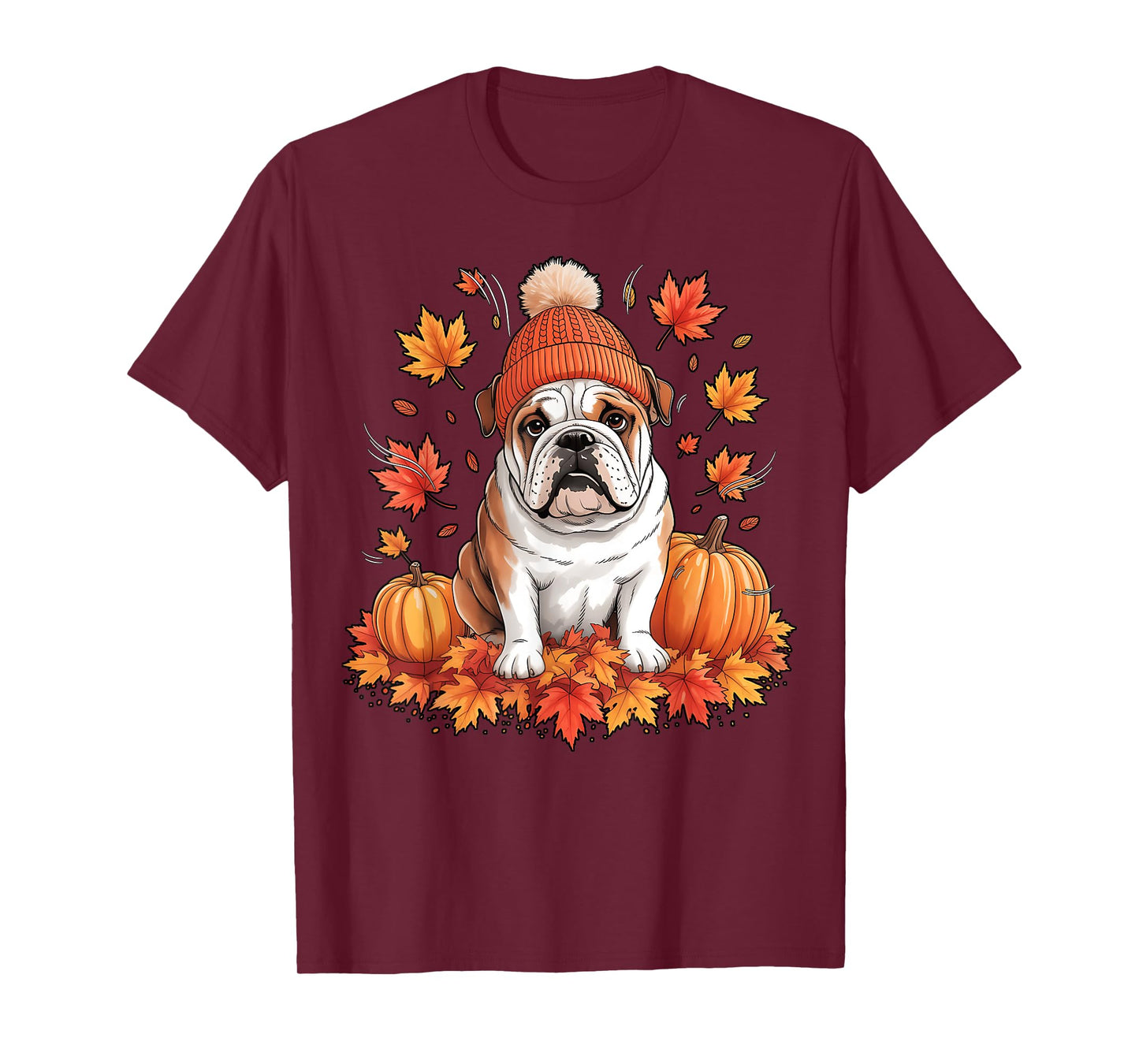 Funny English Bulldog Fall Scarf Autumn Leaves Dog Lovers T-Shirt