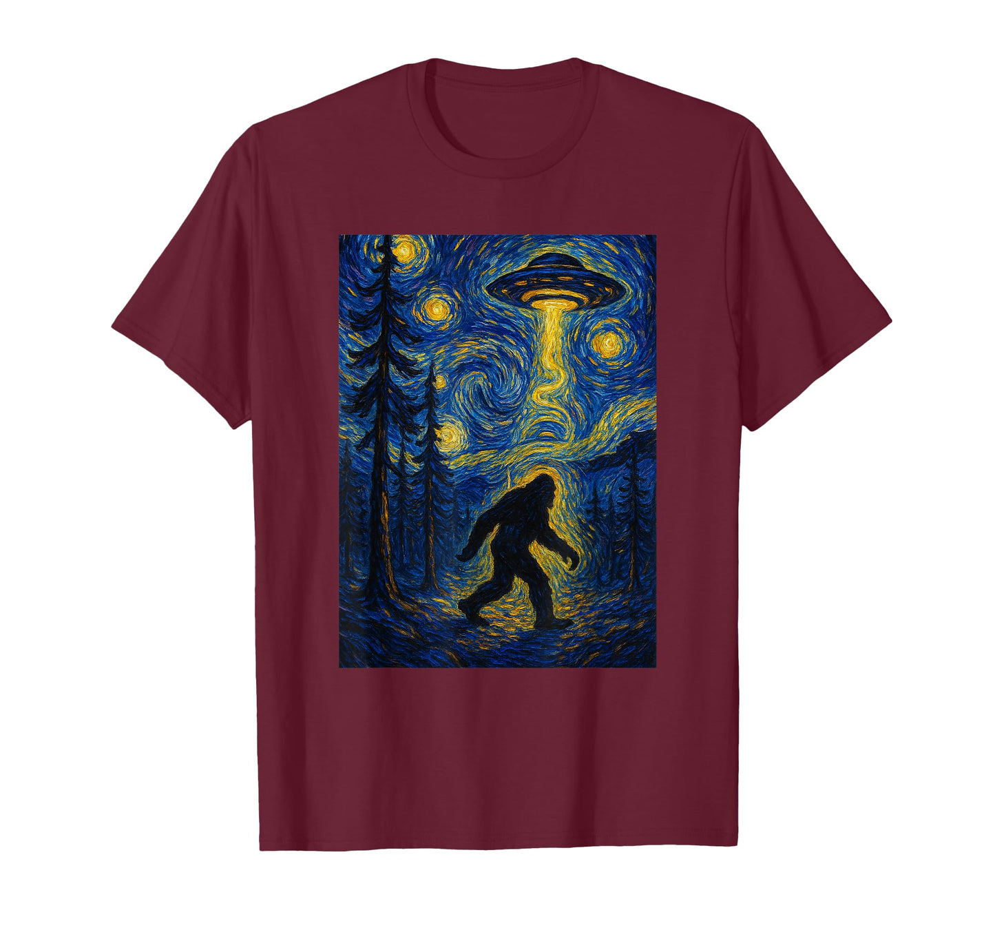 Bigfoot Starry Night Van Gogh UFO For Bigfoot Lover Mom Dad T-Shirt