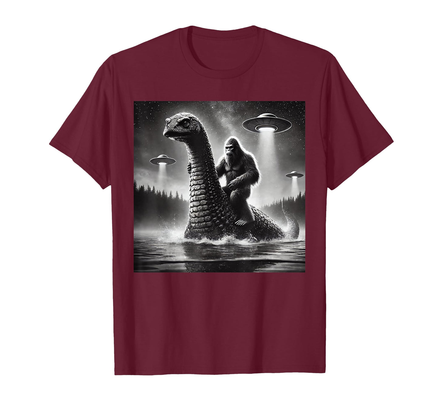 Bigfoot Riding Loch Ness Monster Alien UFO Funny Men Graphic T-Shirt