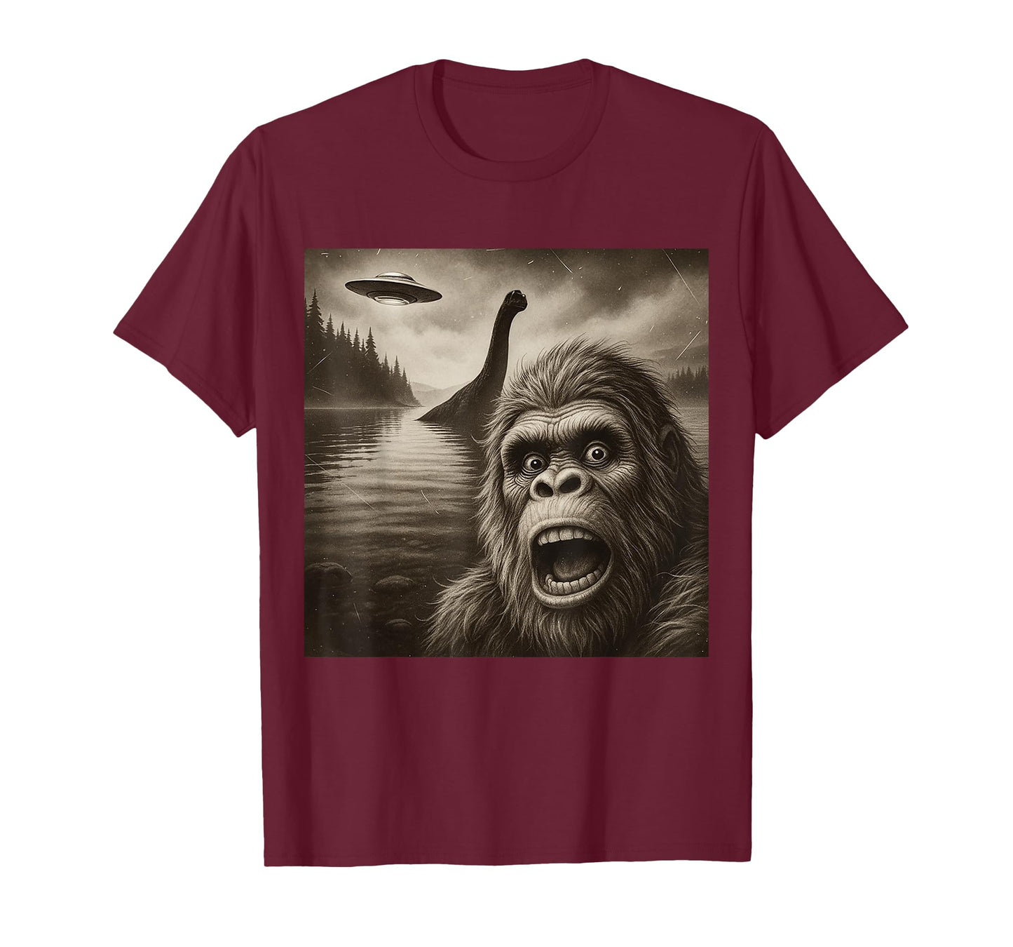 Bigfoot Selfie With Loch Ness Monster And UFO Aliens Graphic T-Shirt