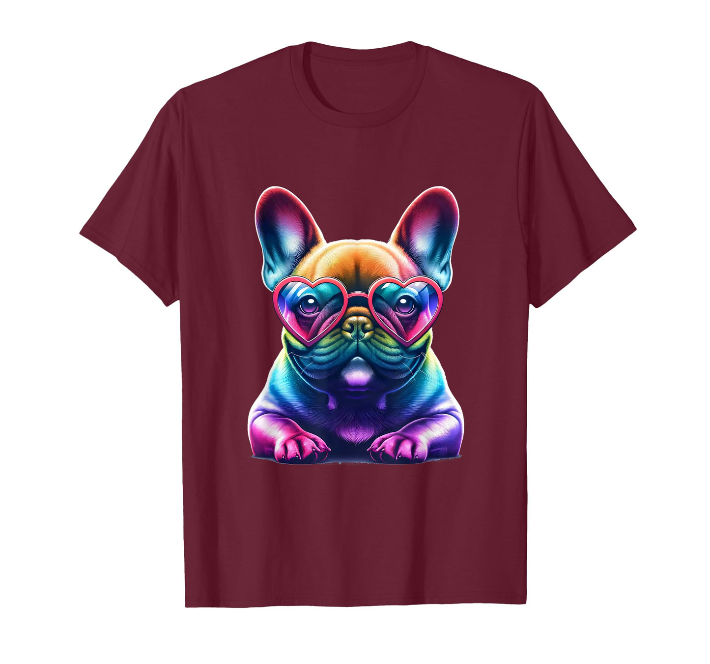 Rainbow Frenchie Wearing Heart Glasses Puppy Love Dog Funny T-Shirt