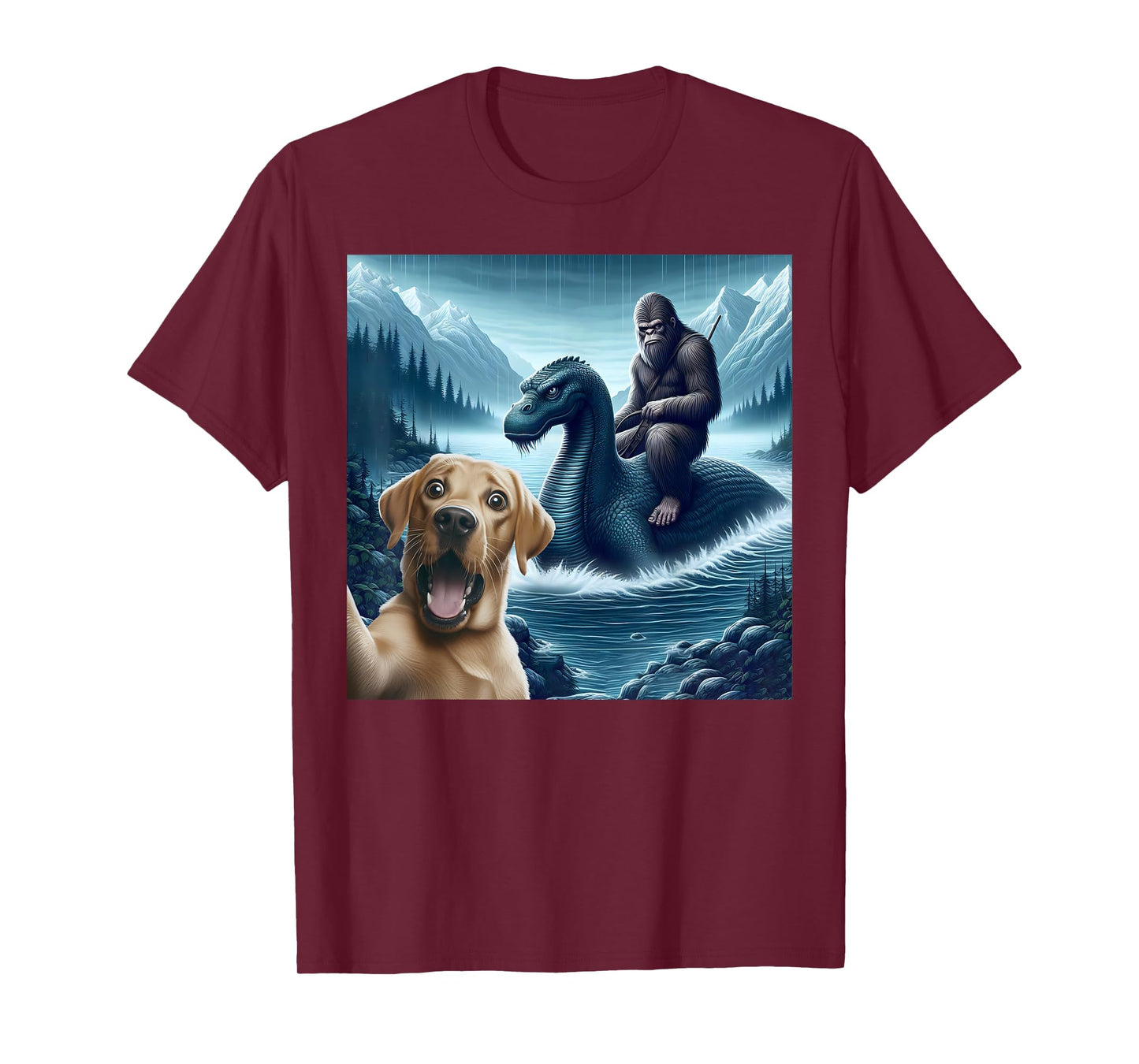 Labrador retriever Selfie with bigfoot riding loch Ness T-Shirt