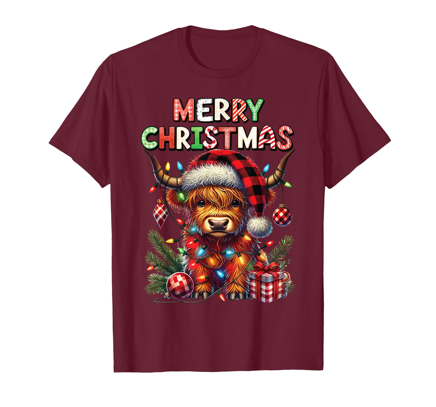 Merry Christmas Scottish Highland Cow Xmas Farm Animal Lover T-Shirt