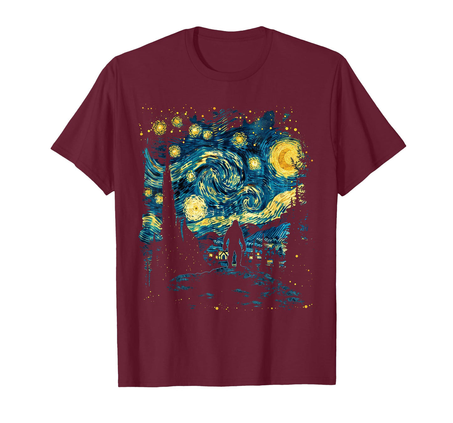 Funny Bigfoot Starry Night Sasquatch Van Gogh Sky Painting T-Shirt