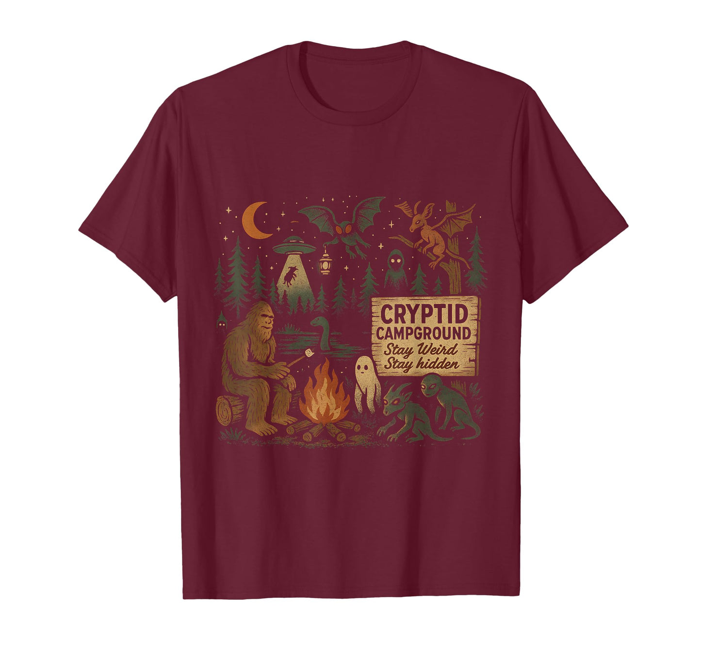 Cryptid Campground Bigfoot Mothman Aliens Loch Ness Monster T-Shirt