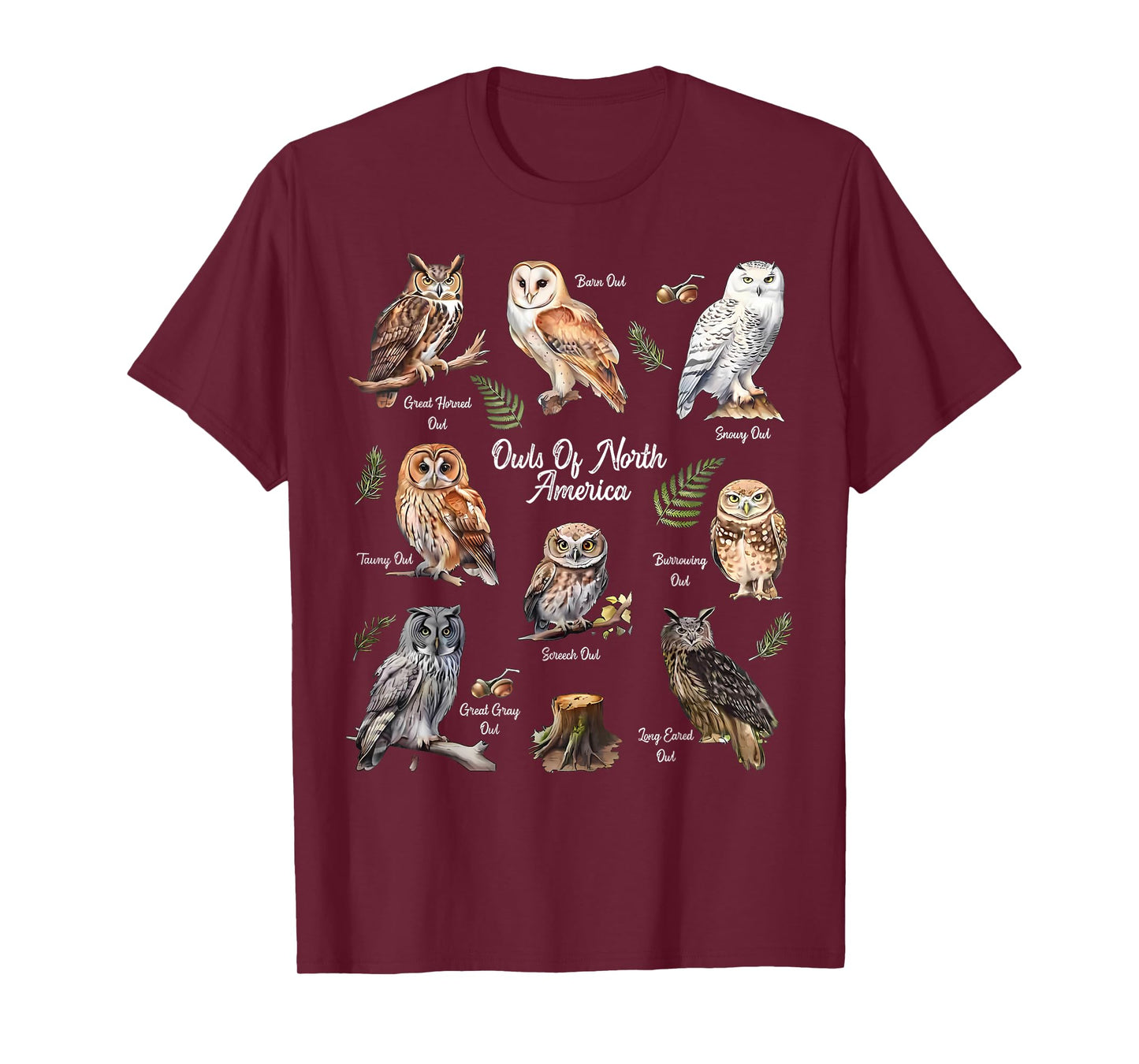 Owl Types North American Bird Of Prey Forest Bird Watcher T-Shirt