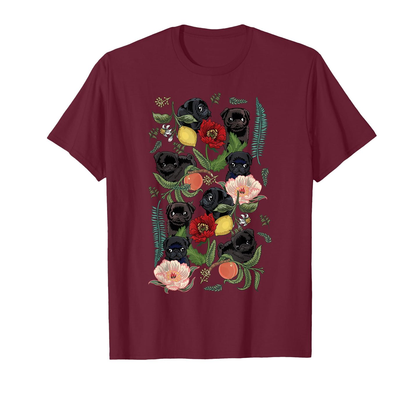 Botanical and Black Pug T- shirt by Huebucket T-Shirt