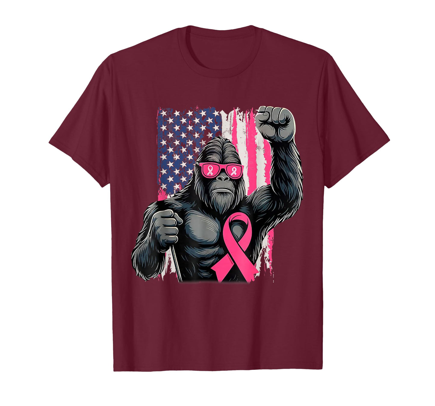 Bigfoot Breast Cancer Awareness American Flag Pink Ribbon T-Shirt