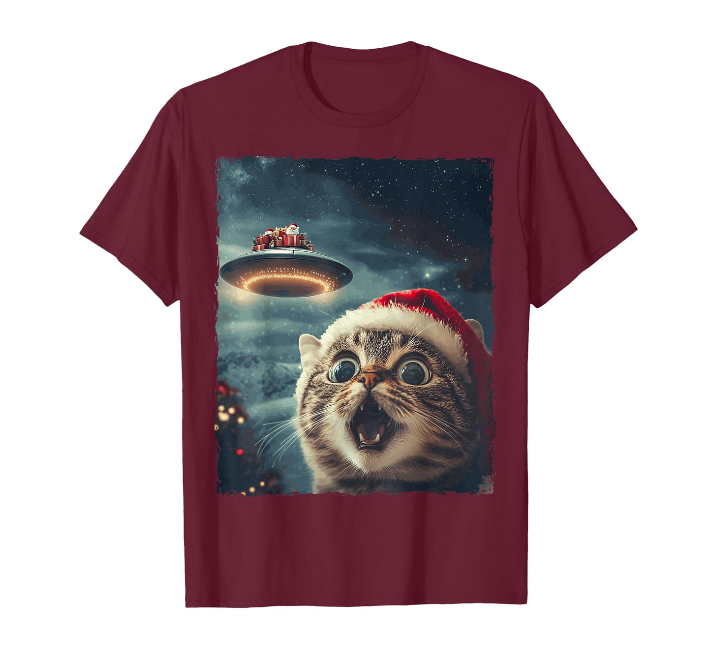 Funny Cat Selfie Santa Ufo Xmas Christmas T-Shirt