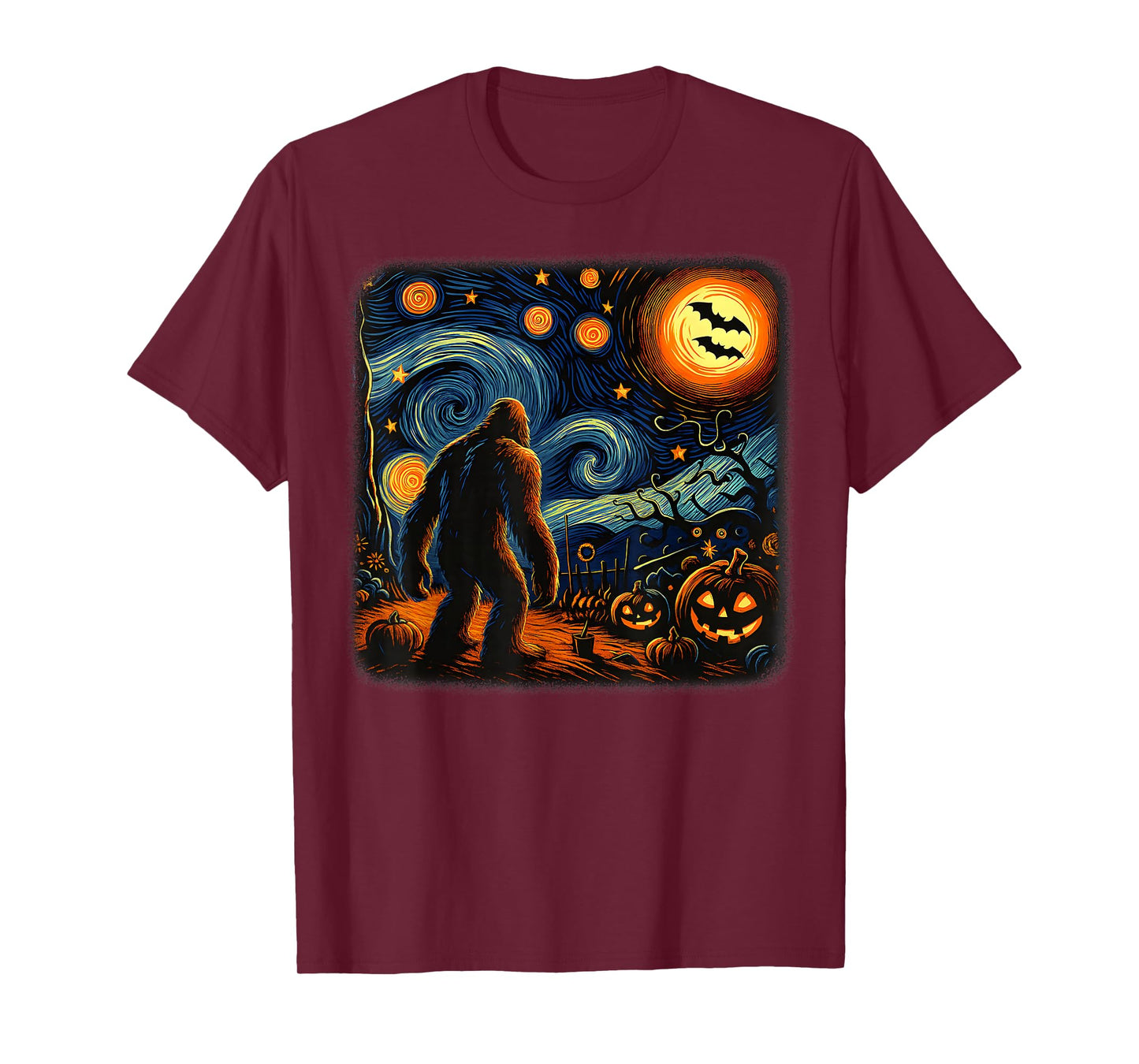 Halloween Bigfoot Starry Night Van Gogh Sasquatch Pumpkin T-Shirt