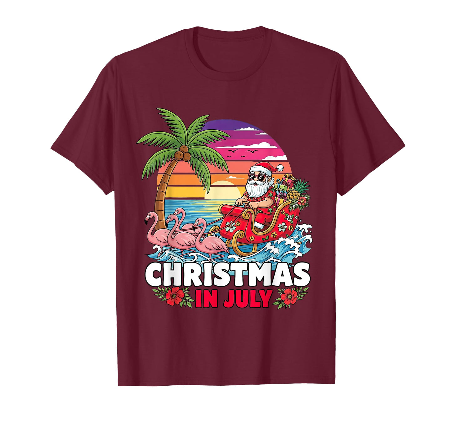 Xmas in July Santa Beach Trip Tropical Summer Vibes Palm T-Shirt