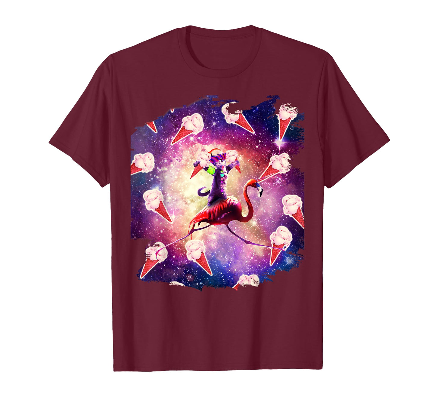Rave Space Cat On Flamingo Unicorn - Ice Cream T-Shirt for Men Women Kids