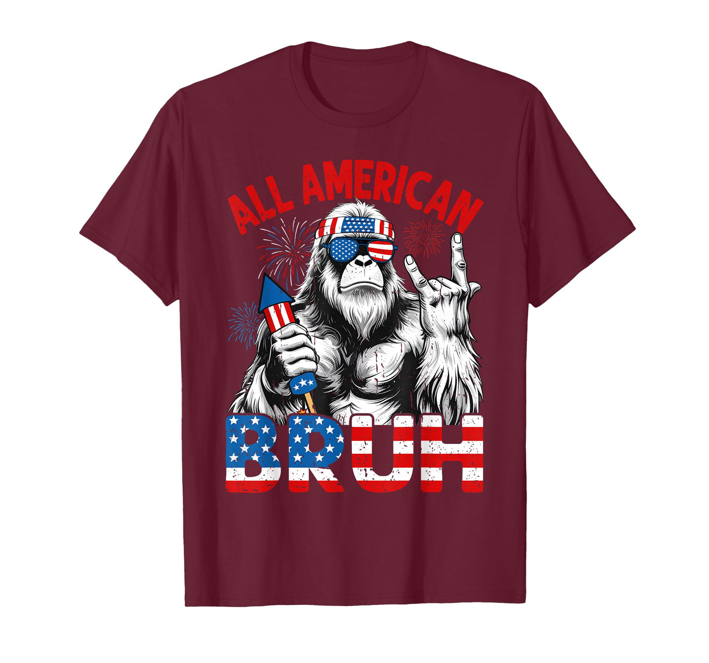 Bruh Bigfoot Merica Rock American Flag Patriotic 4th Of July T-Shirt