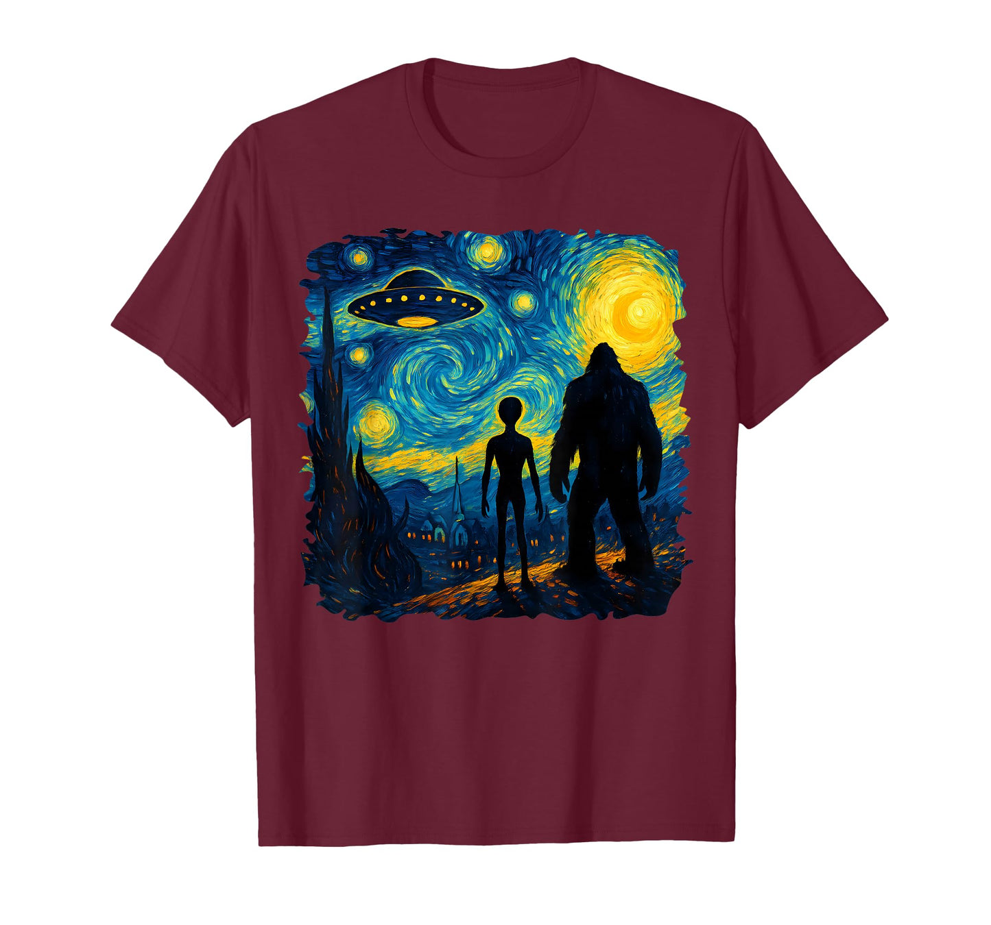 Bigfoot Alien UFO Van Gogh Starry Night Sasquatch Graphic T-Shirt