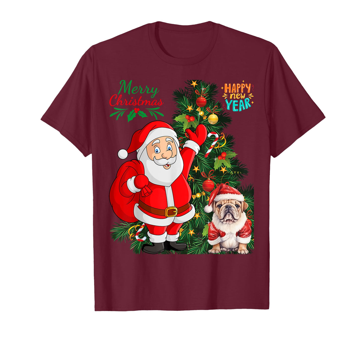 Merry Christmas Happy New Year Santa Claus English Bulldog Men Women Kids T-Shirt