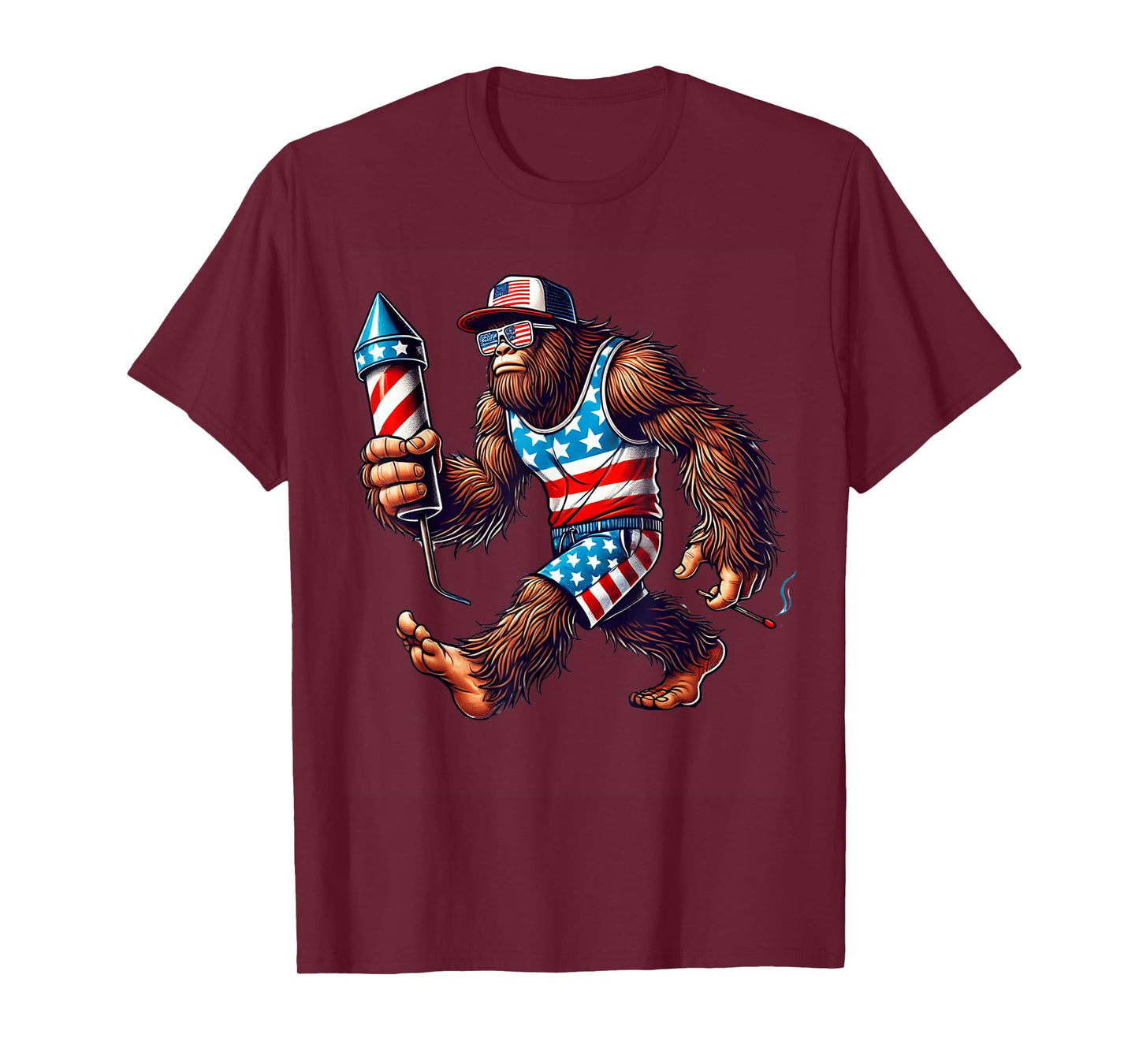 Bigfoot Fireworks 4th of July Men Sasquatch US Flag Men Boys T-Shirt