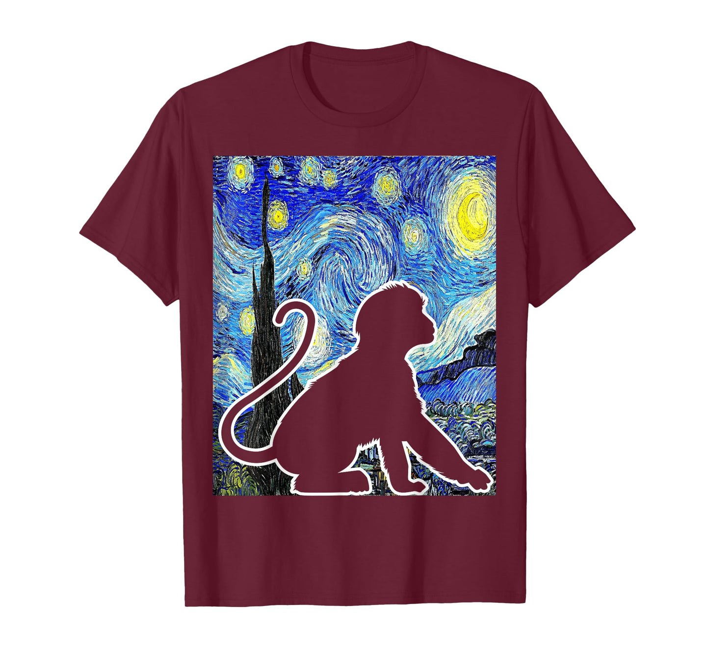 Funny Monkey Van Gogh Famous Painting Monkey Starry Night Monkey Lover T-Shirt - Black, Unisex-Adults & Kids, Short Sleeve, Classic Fit, Crew Neck, Small