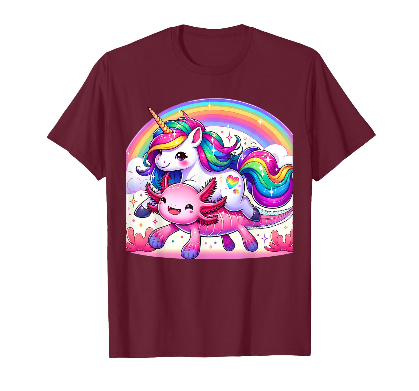 Unicorn Riding Axolotl Kawaii Kids Girls Boys Men Rainbow T-Shirt