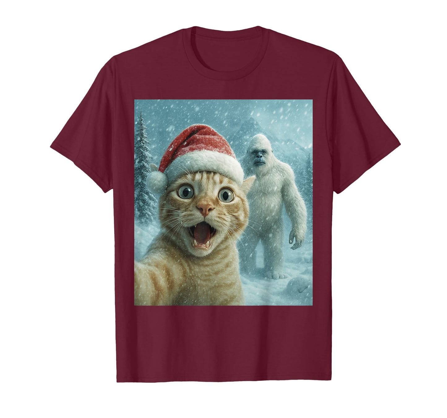 Funny Cat Santa Hat Yeti Christmas Snow Meme Cool Selfie T-Shirt