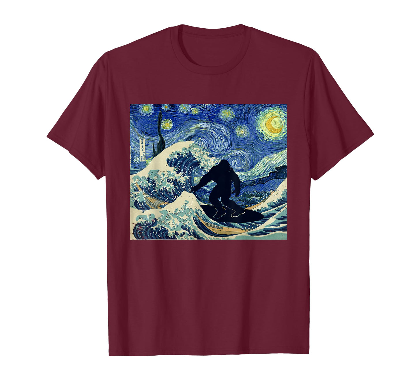 Starry Night bigfoot surfing great wave off Kanagawa T-Shirt