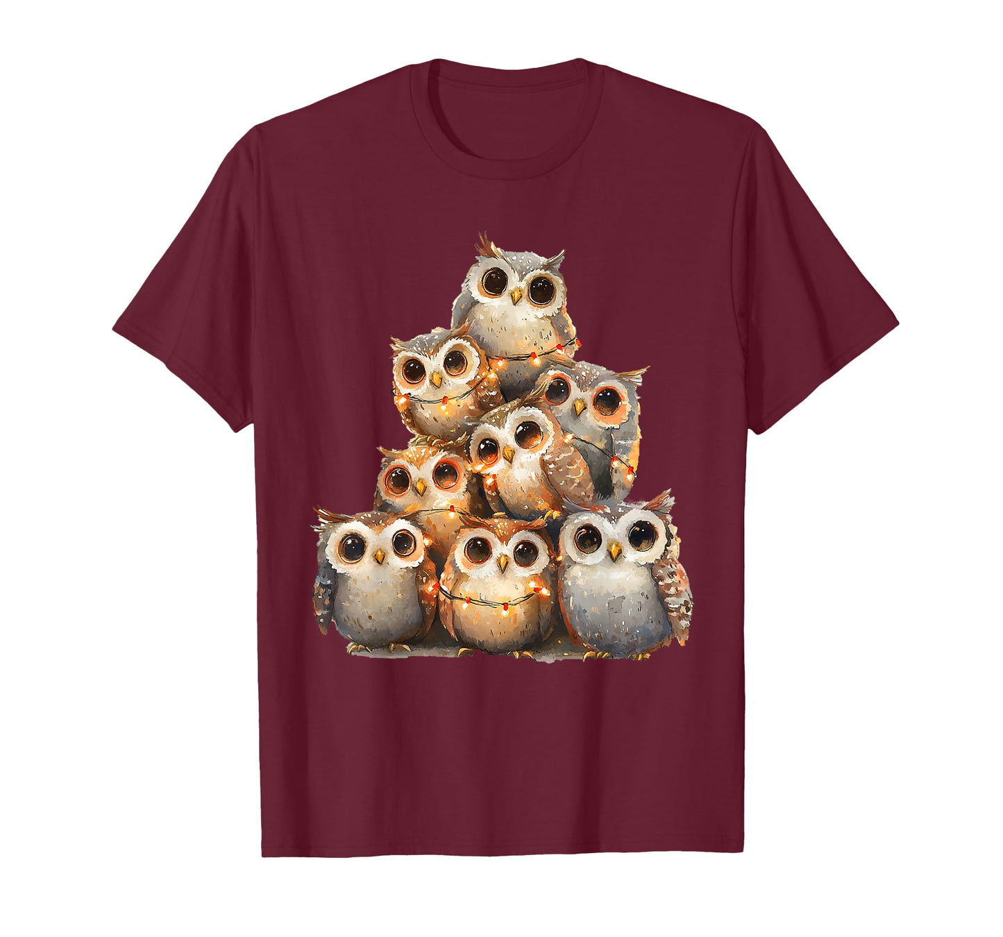 Owl Lights Christmas Xmas Gifts Unisex Adults Kids Owl Lover Xmas T-Shirt Black Small Short Sleeve Round Neck T-Shirt