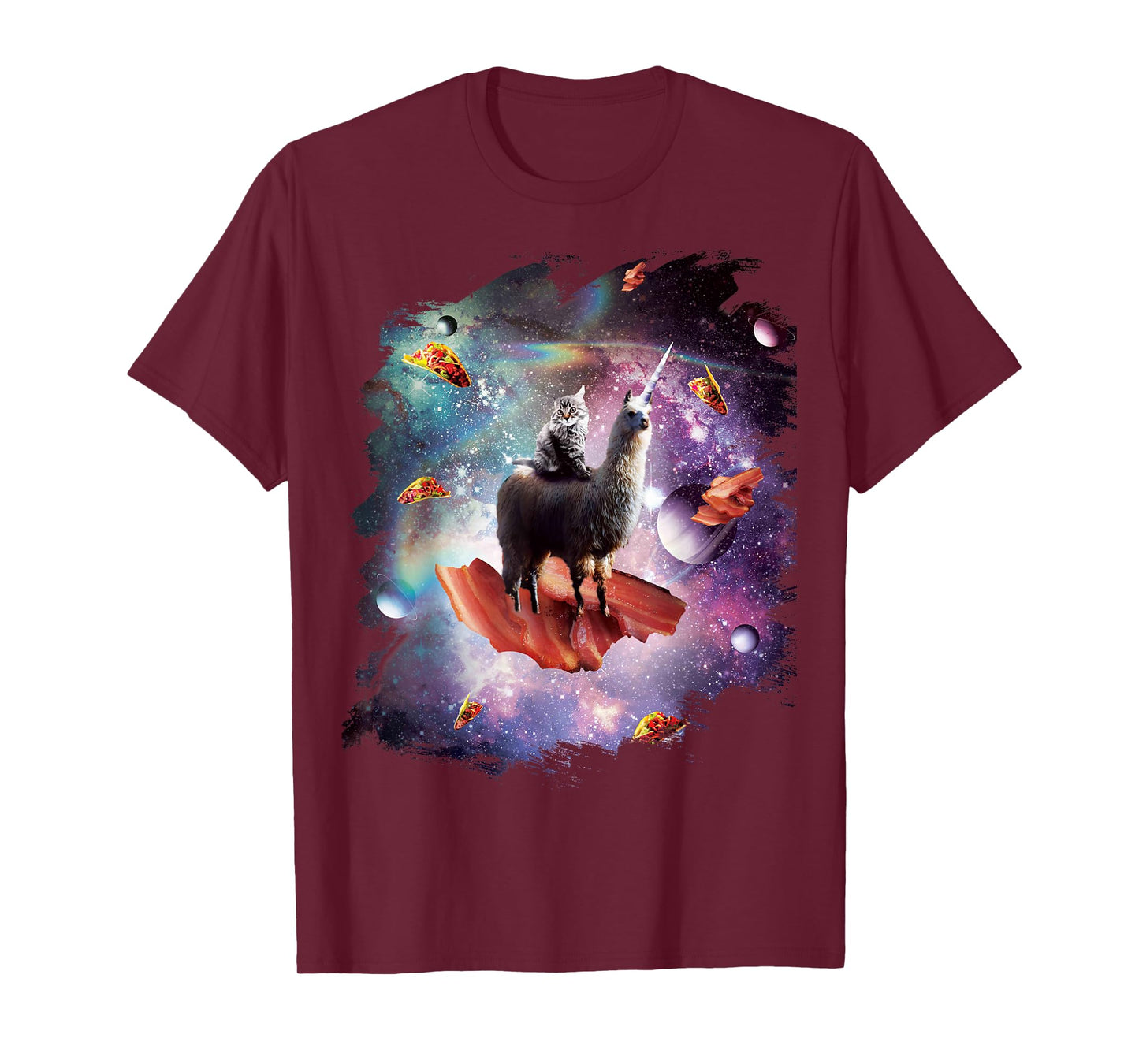 Space Cat Riding Llama Unicorn - Bacon Taco Men Women Girls Kids T-Shirt