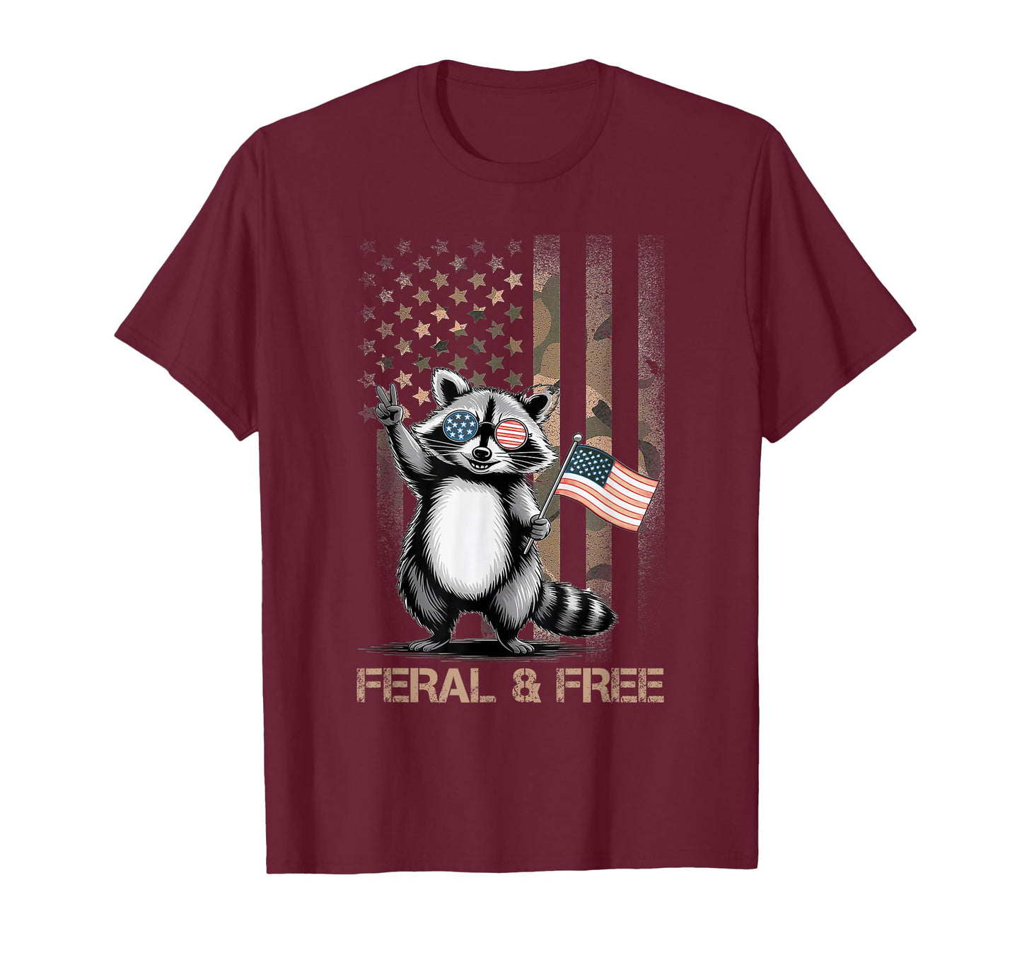 Feral & Free Camo American Flag Patriotic Racoon 4th Of July T-Shirt