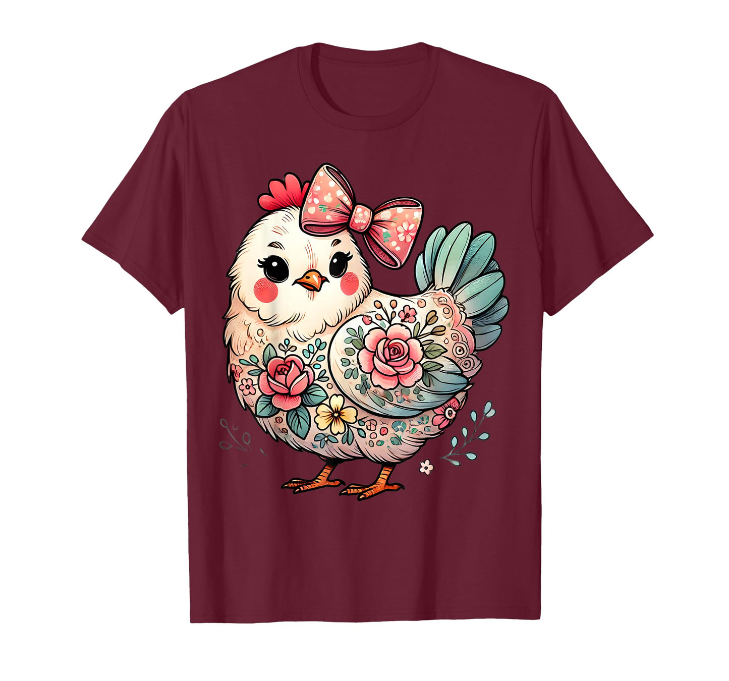 Chicken Lover Girls Women Floral Flower Bow Cute Hen Chicken T-Shirt