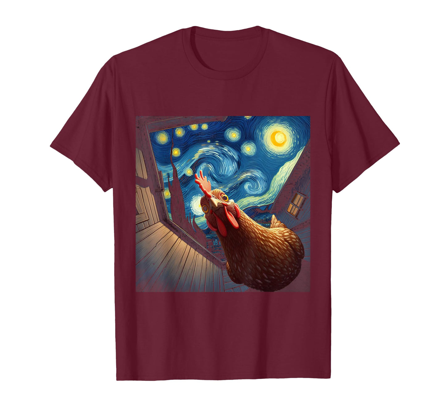 Van Gogh Funny Chicken Starry Night Art T-Shirt