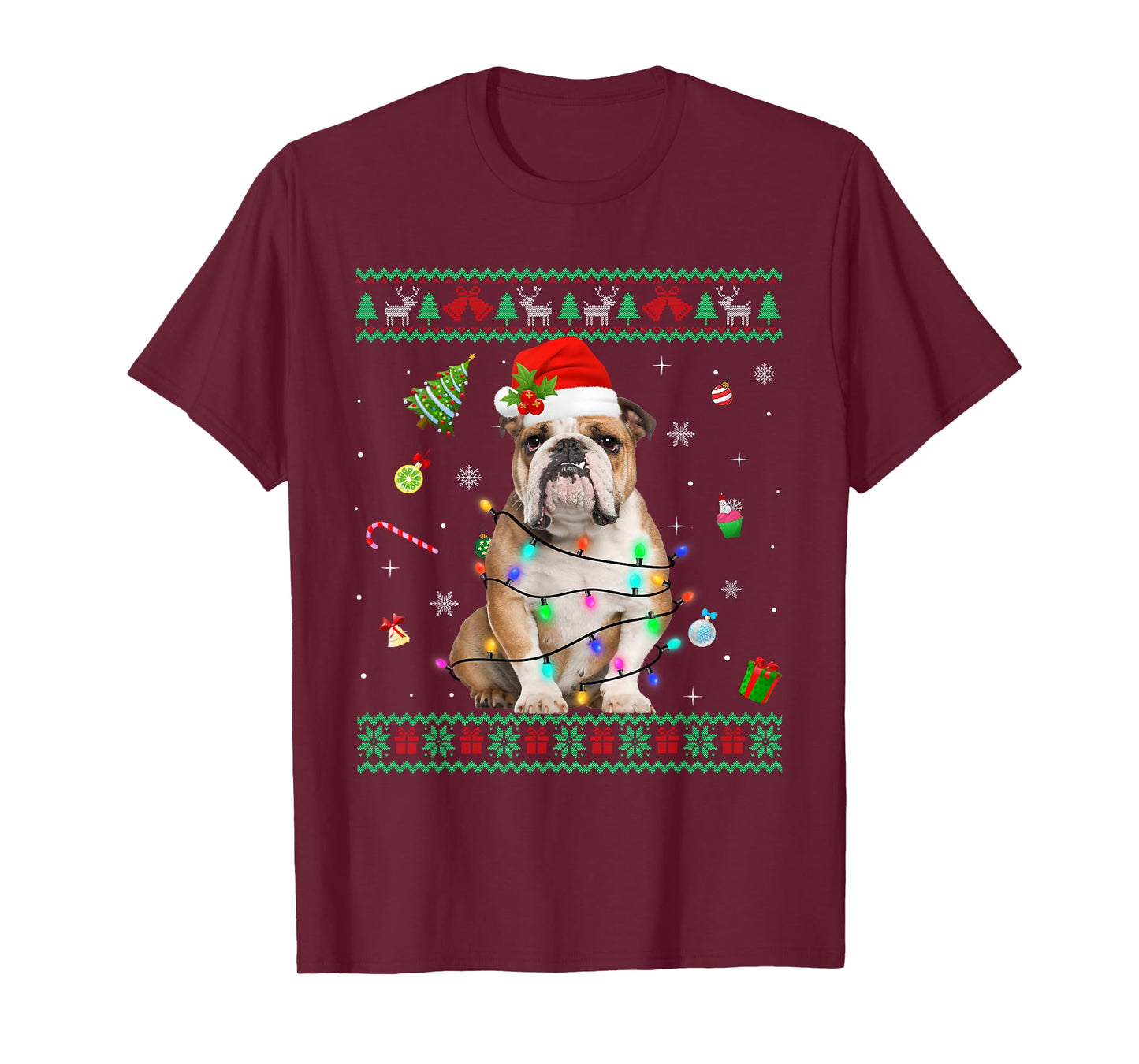 Ugly Sweater English Bulldog Dog Christmas Lights Santa Hat T-Shirt for Men Women Kids
