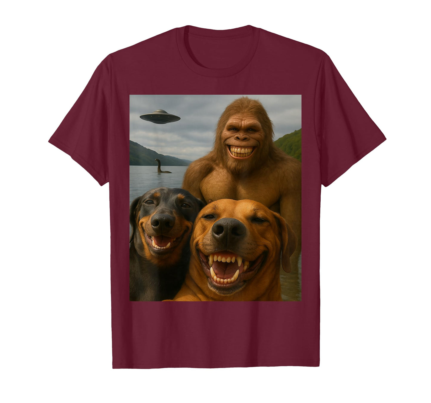 Funny Bigfoot Nessie UFO Dog Selfie Cryptid Meme T-Shirt