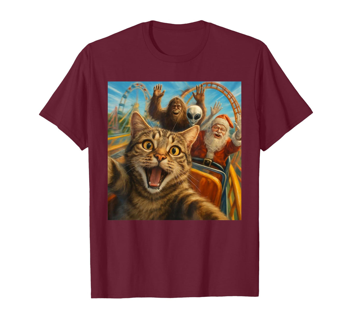 Funny Cat Selfie with Santa Claus Roller Coaster Meme T-Shirt