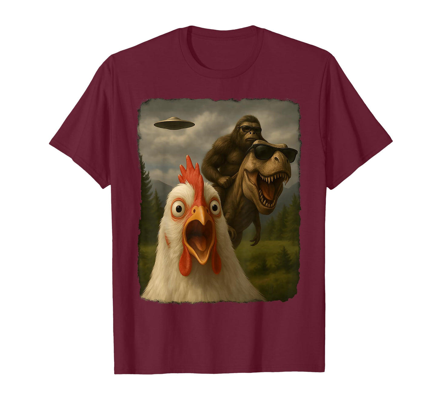 Funny Chicken Selfie Bigfoot Sasquatch Riding T-Rex UFO T-Shirt
