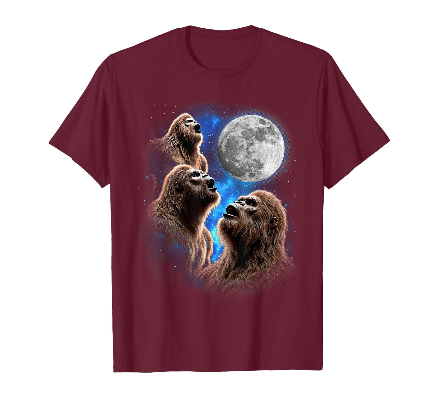 Three Bigfoot Moon Howling Funny Meme Weird Sasquatch Space T-Shirt