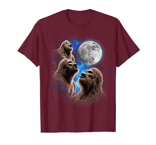 Three Bigfoot Moon Howling Funny Meme Weird Sasquatch Space T-Shirt