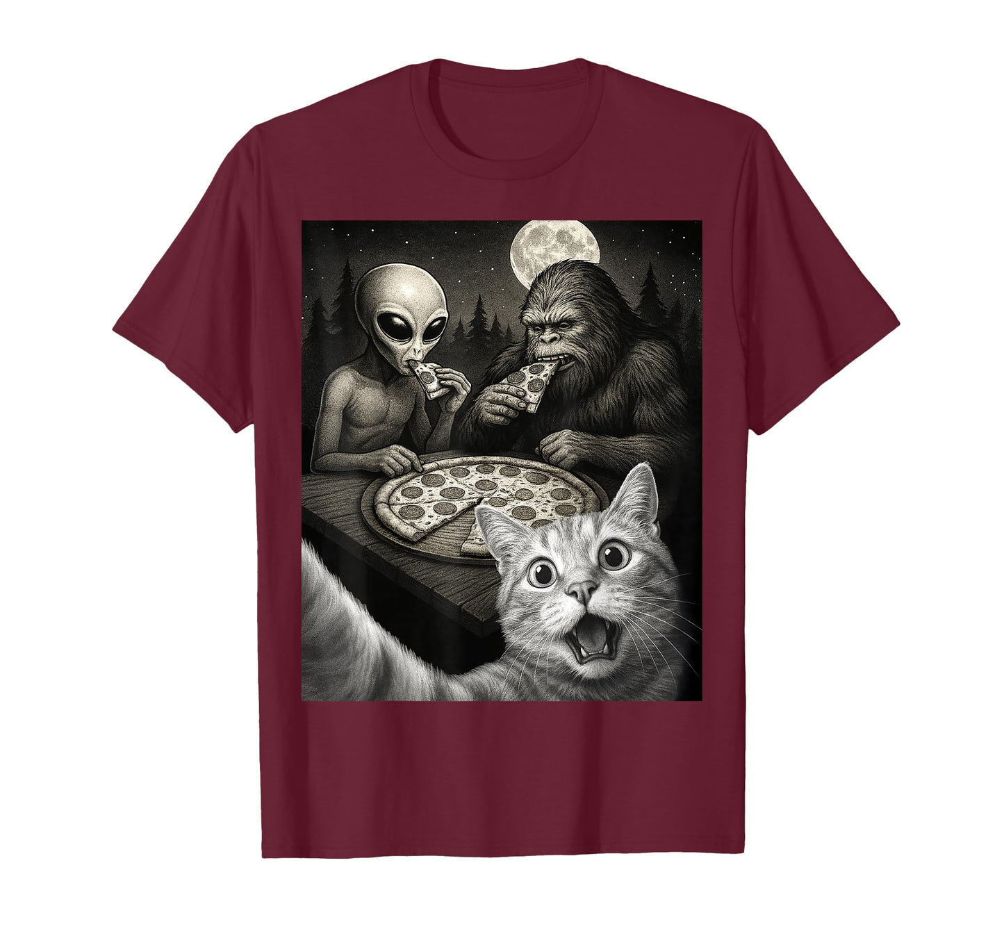 Funny Selfie of Cat With Bigfoot Eating Pizza With An Alien T-Shirt